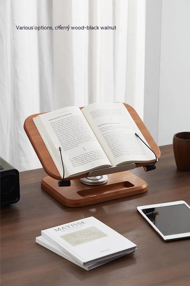 Solid wood reading rack in walnut colour with adjustable rotating mechanism holding a book