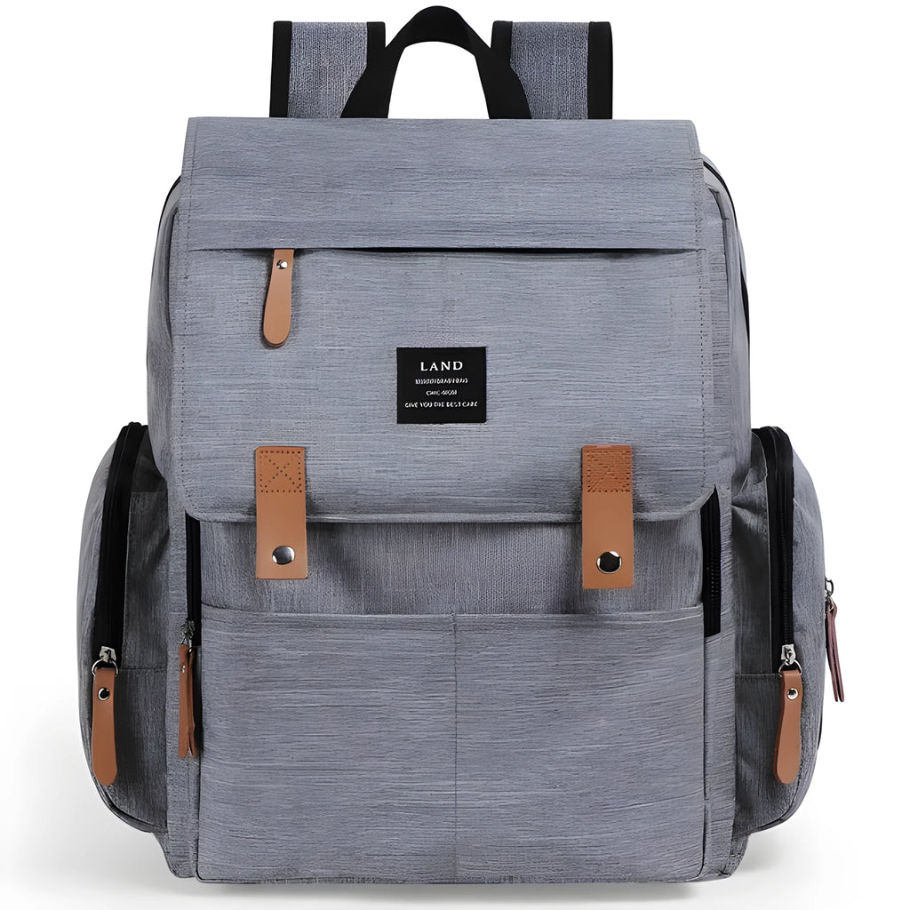 LAND grey Oxford cloth mum diaper backpack with changing mat, shown with dimensions