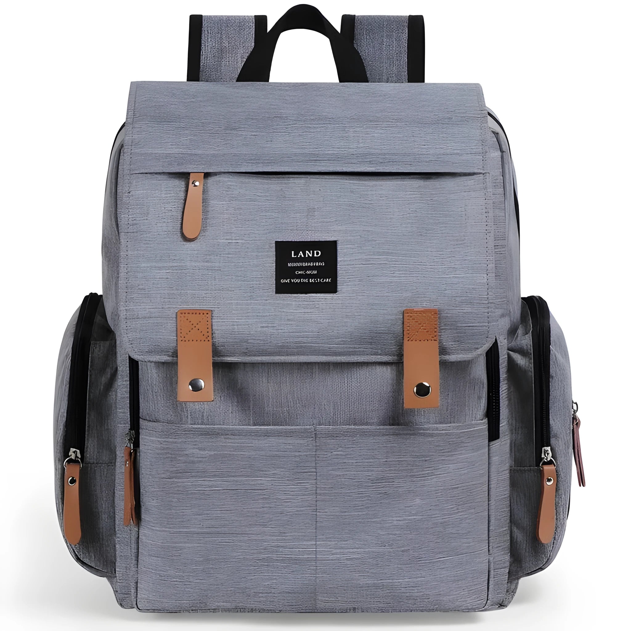 LAND grey Oxford cloth mum diaper backpack with changing mat, shown with dimensions