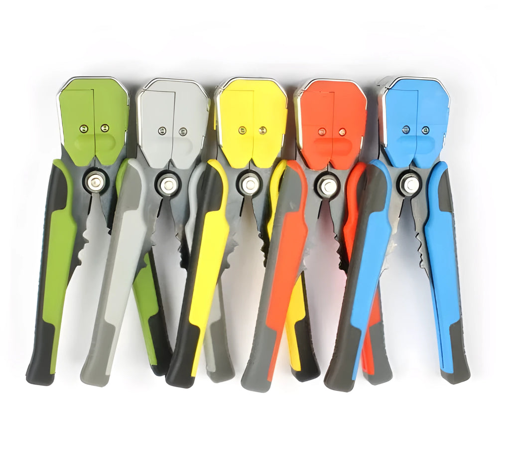 Yellow automatic wire stripper crimper cutter multitool with adjustment screw and alloy steel jaws