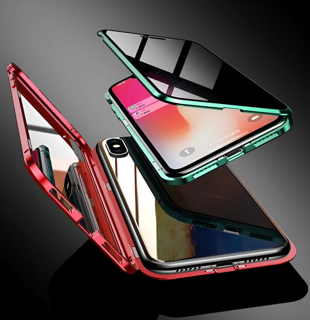 Magnetic privacy phone case for Samsung Galaxy with double-sided glass construction in black colour