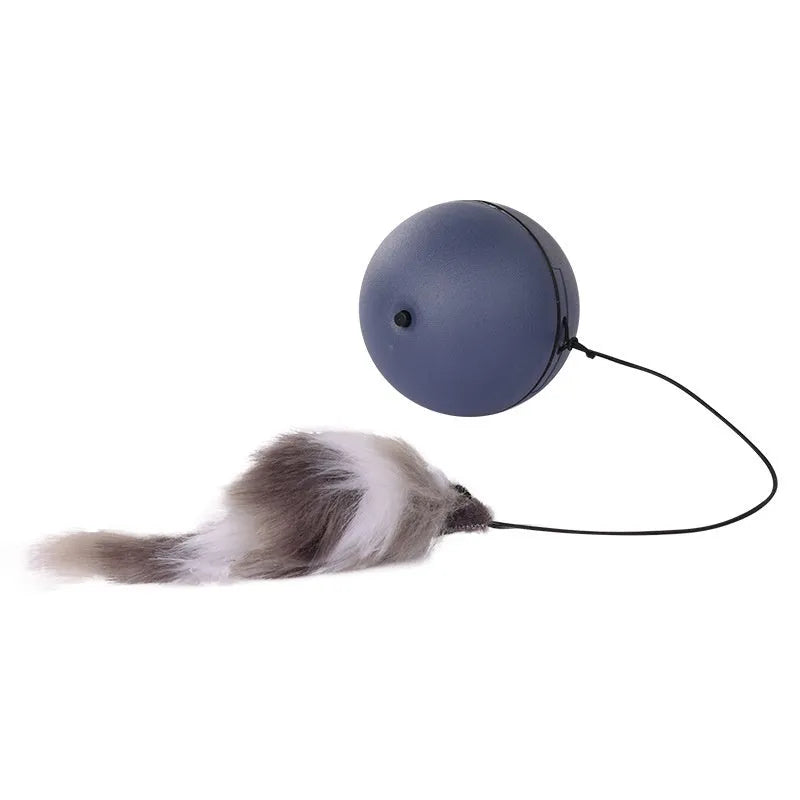 Automatic cat teasing ball toy with plush mouse attachment in blue orange and dark grey colour options