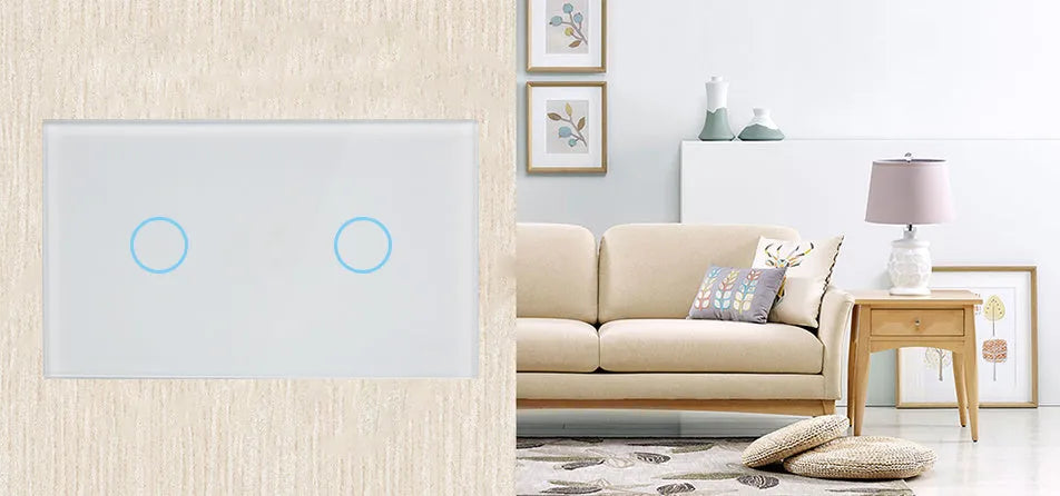 White tempered glass RF remote control touch wall light switch with two gangs