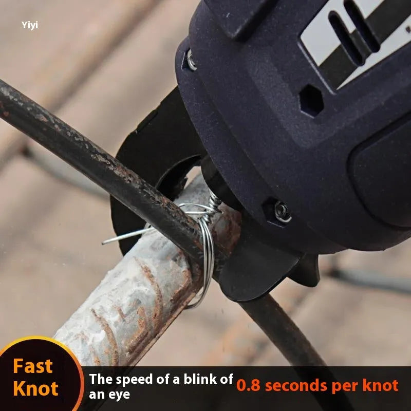Fully automatic electric steel bar tying machine with battery, charger, and toolbox on a construction site.