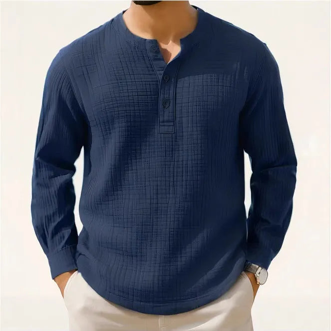 Cotton linen long sleeve shirt in slim fit with round neck and three-quarter sleeves in army green colour