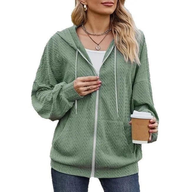 Green women's hooded zipper coat sweater with long sleeves and loose fit