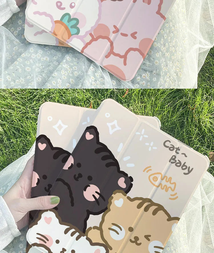 Silicone flat tri-fold protective case body with rabbit cartoon design for Apple iPad