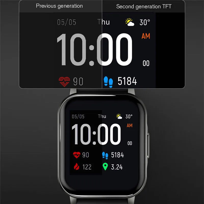 Black waterproof smart bracelet with 1.4-inch screen showing heart rate data on silicone strap.