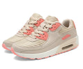 Women's low heel casual shoes in beige orange, grey, and pink purple colours on a sizing chart.