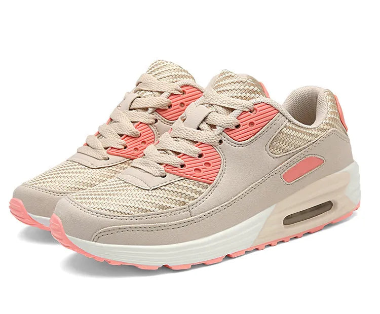 Women's low heel casual shoes in beige orange, grey, and pink purple colours on a sizing chart.