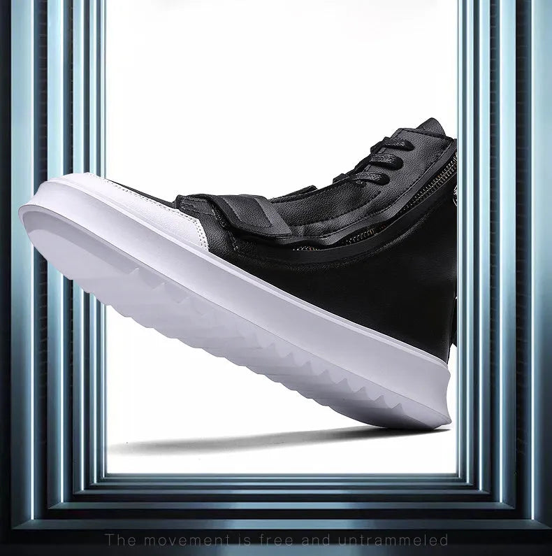 Men's black and white PU leather ankle boots with microfiber upper in high-top sneaker style.