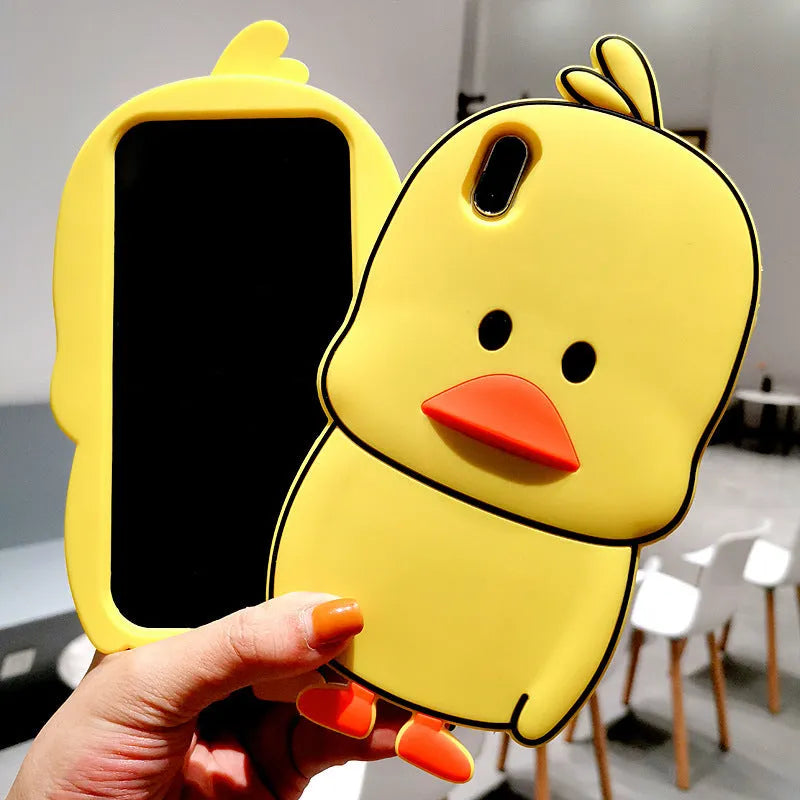 Green silicone iPhone case with cartoon animal design showing drop and waterproof protection features