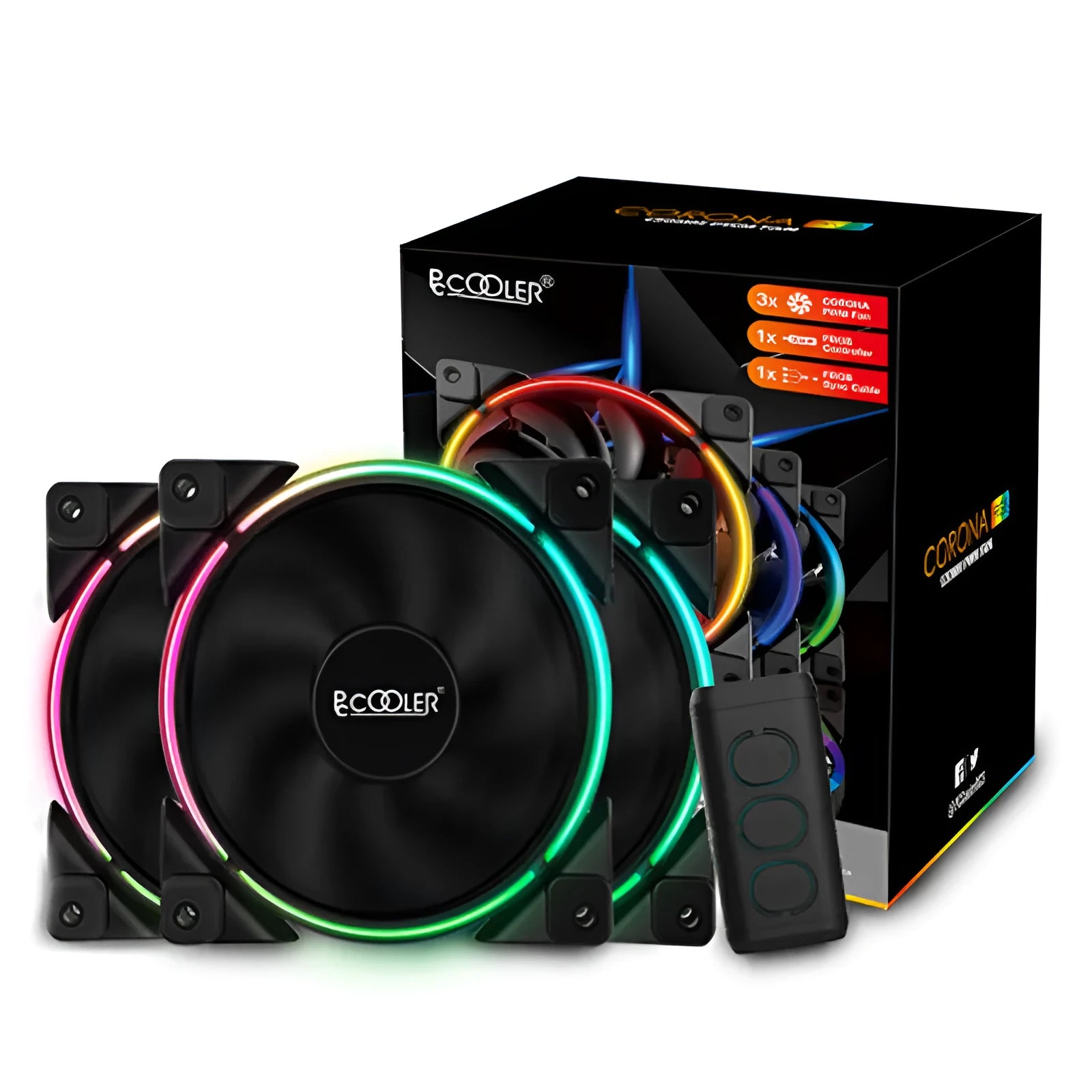 Three black 120mm PC cooling fans with illuminated RGB blades on a dark background.