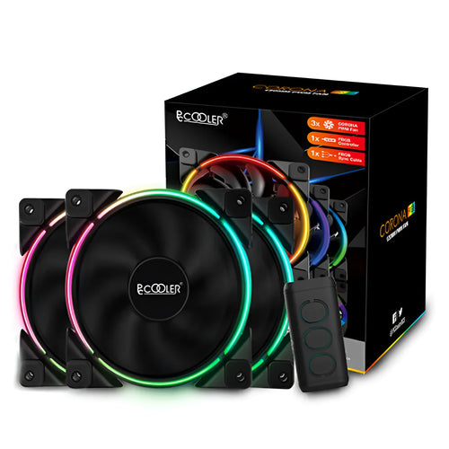 Three black 120mm PC cooling fans with illuminated RGB blades on a dark background.
