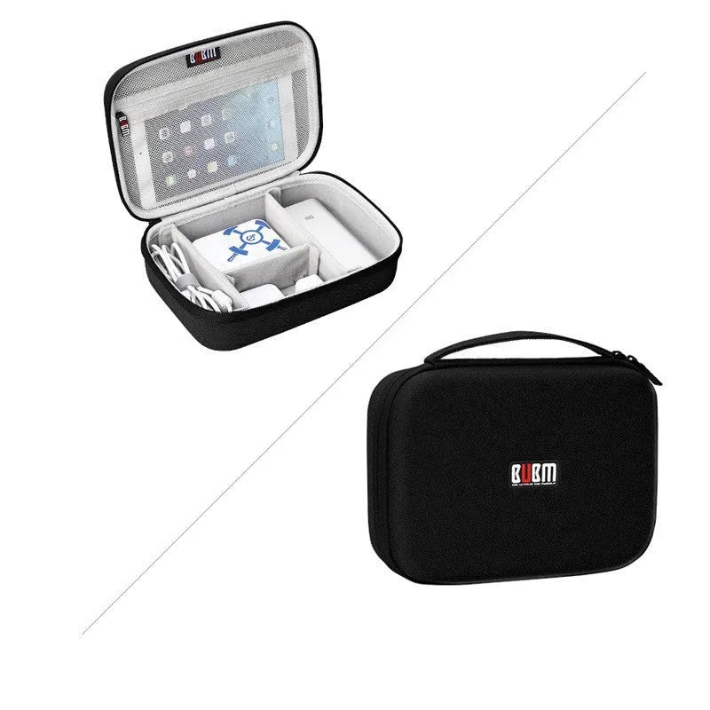 Black and grey EVA digital storage organiser bag for headphones and tech accessories, showing single and double layer options.