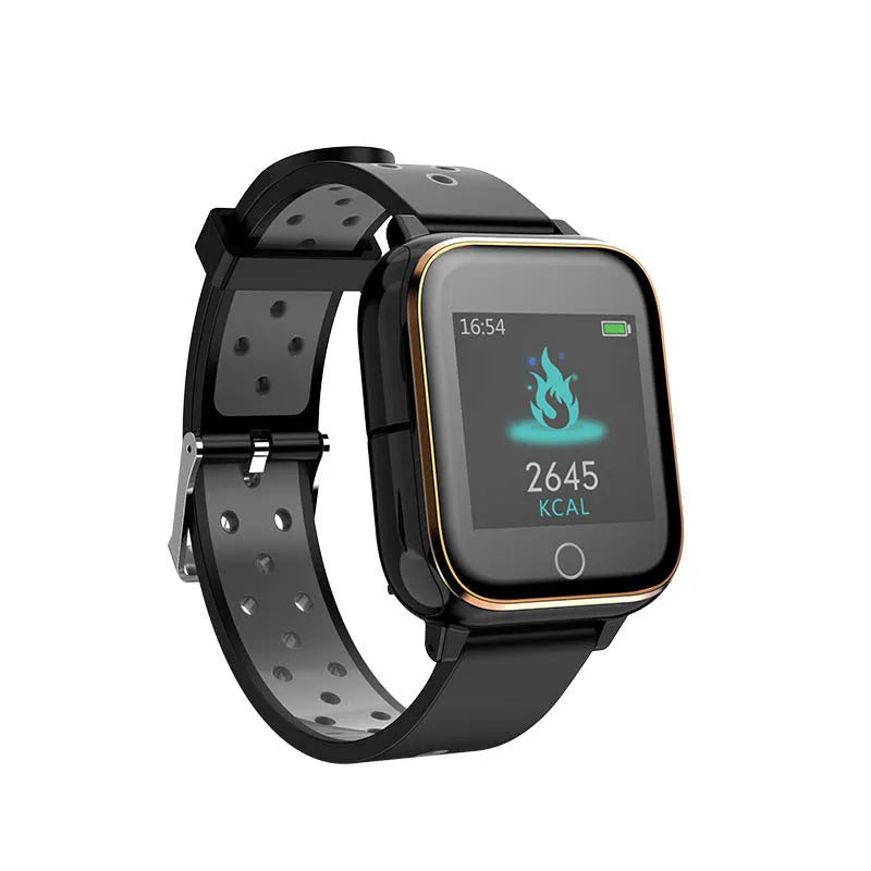 Black smart watch with built-in Bluetooth earphones stored in the watch case, showing a 1.4-inch TFT display.