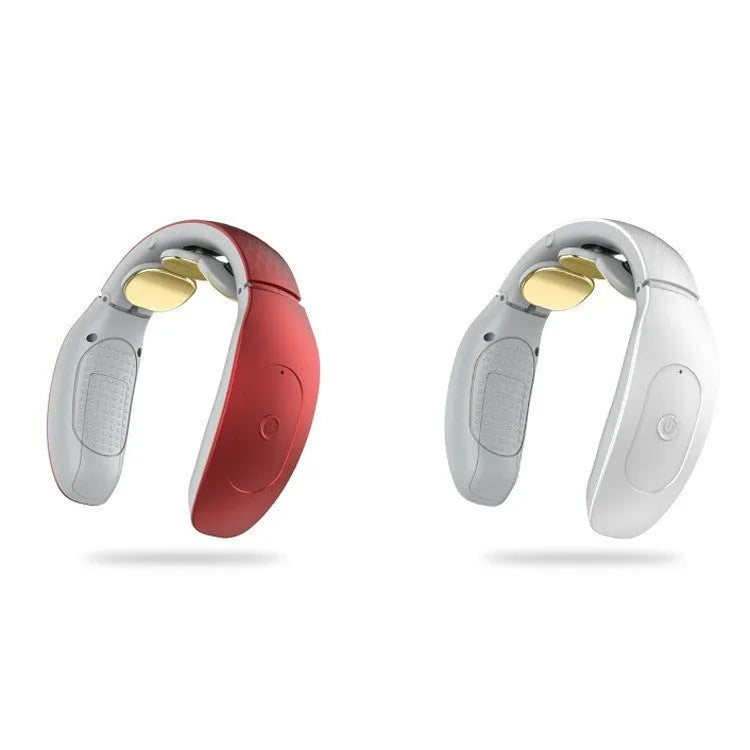 Small red and white handheld intelligent cervical massager on a grey background