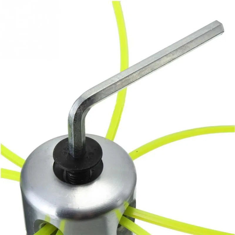 Silver aluminium lawn mower grass cutting head with four light yellow square cords