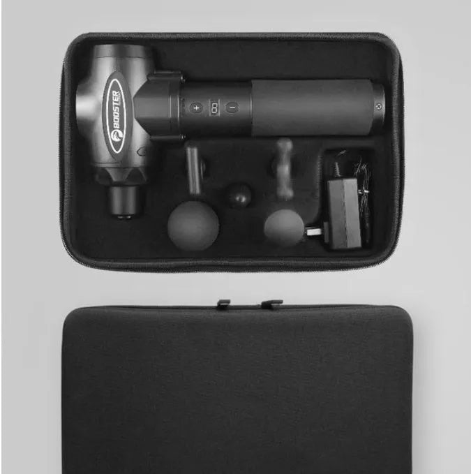 Black and white percussion muscle massager with adjustable speed control and 12mm stroke depth