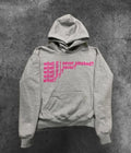Black hooded sweater with white letter print design, modelled on person