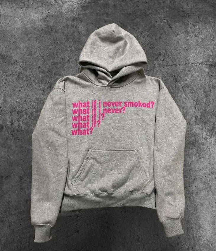Black hooded sweater with white letter print design, modelled on person