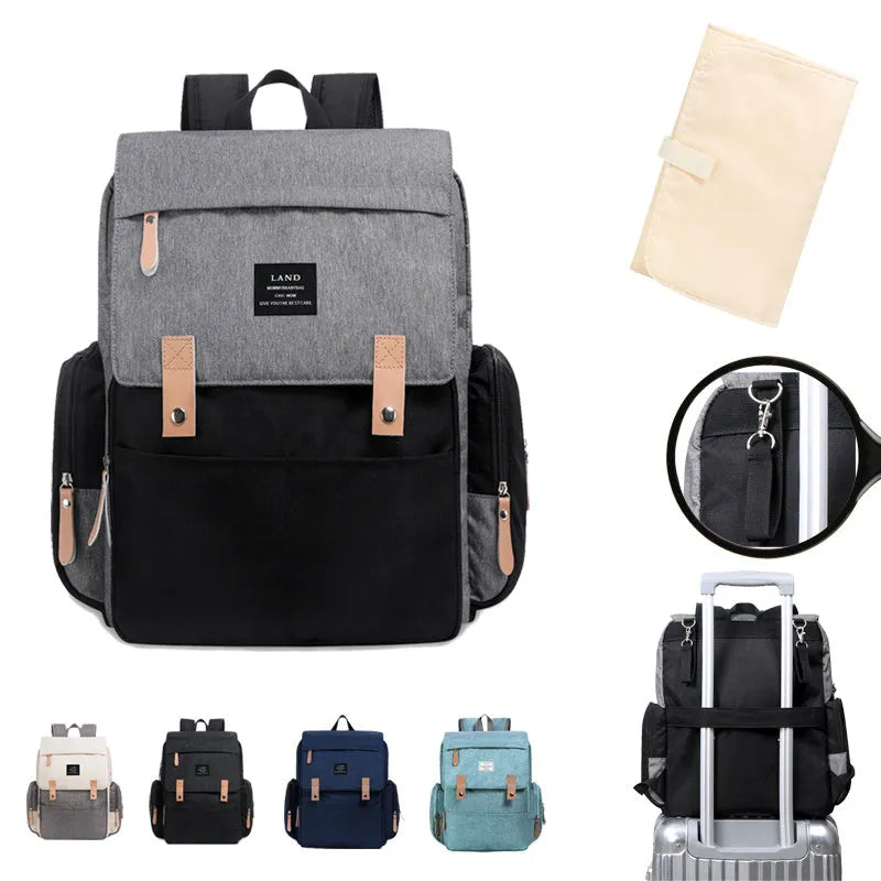 LAND grey Oxford cloth mum diaper backpack with changing mat, shown with dimensions