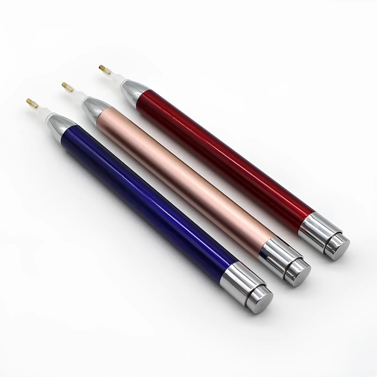 Aluminium alloy luminous single-head diamond painting drill pen in blue, gold, or red colours.