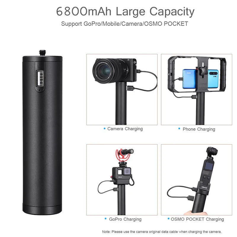 Black aluminium alloy power bank charging handle device with 6800mAh capacity and carrying handle