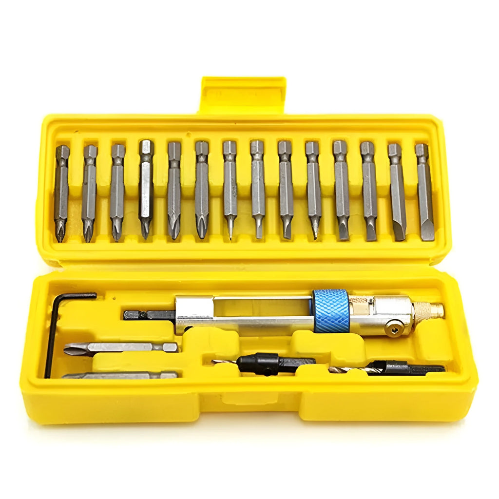 Half Time Drill Driver tool with swivel head and set of 18 Phillips, flathead, and countersink bits.