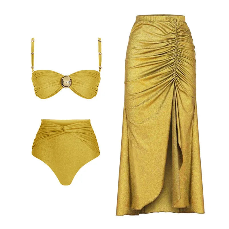 Women's high waist swimsuit available as green one-piece or yellow split bikini with S M L XL sizing
