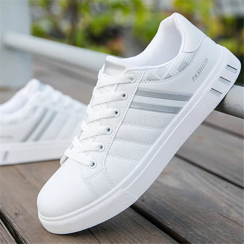 Men's black, grey, and white sports shoes showing size range 39 to 44 with foot length measurements.