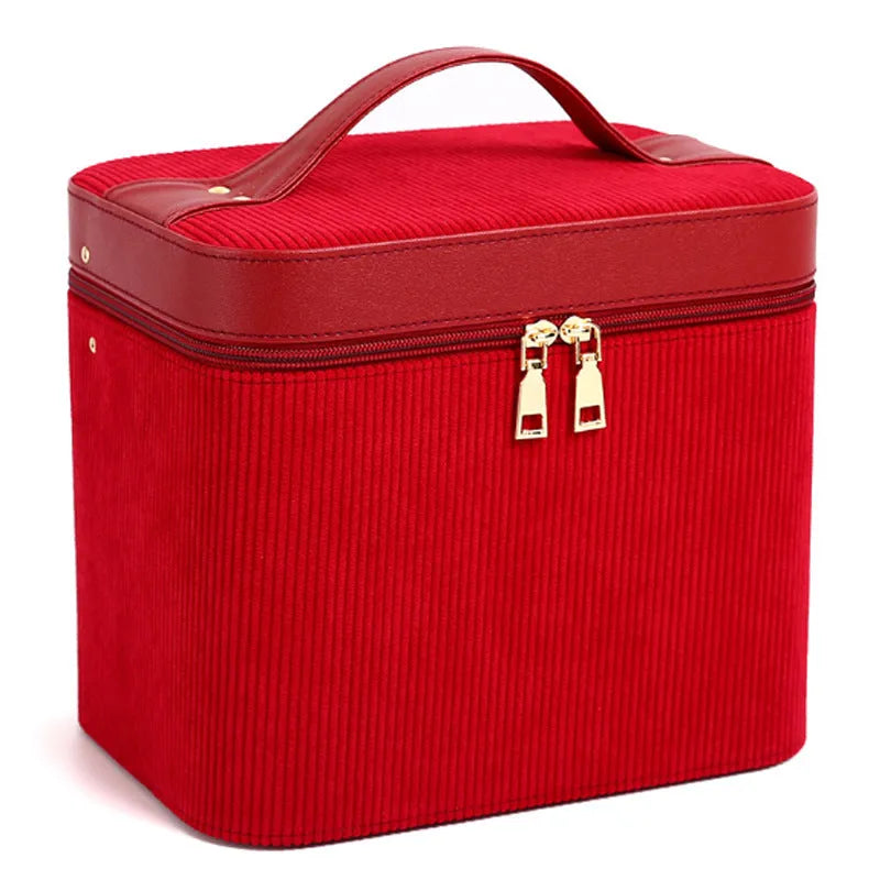 Corduroy cosmetic storage box with handle in assorted solid colours