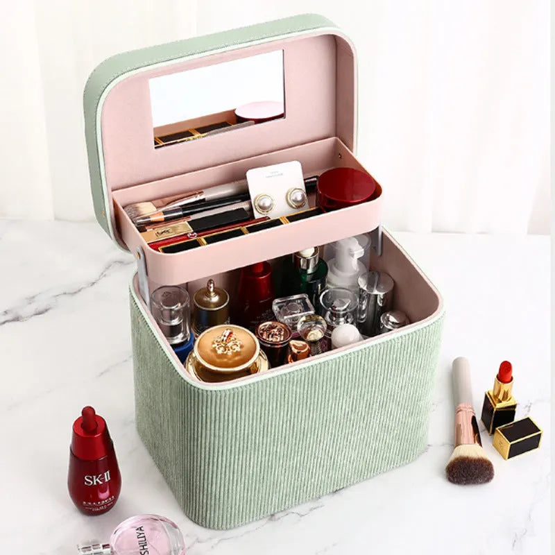 Corduroy cosmetic storage box with handle in assorted solid colours