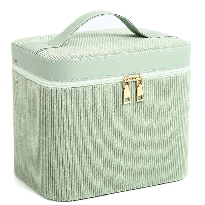Corduroy cosmetic storage box with handle in assorted solid colours