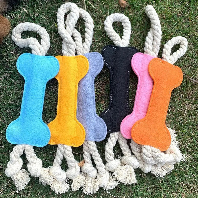 Bone shaped dog chew toy with rope knot construction in blue colour on white background
