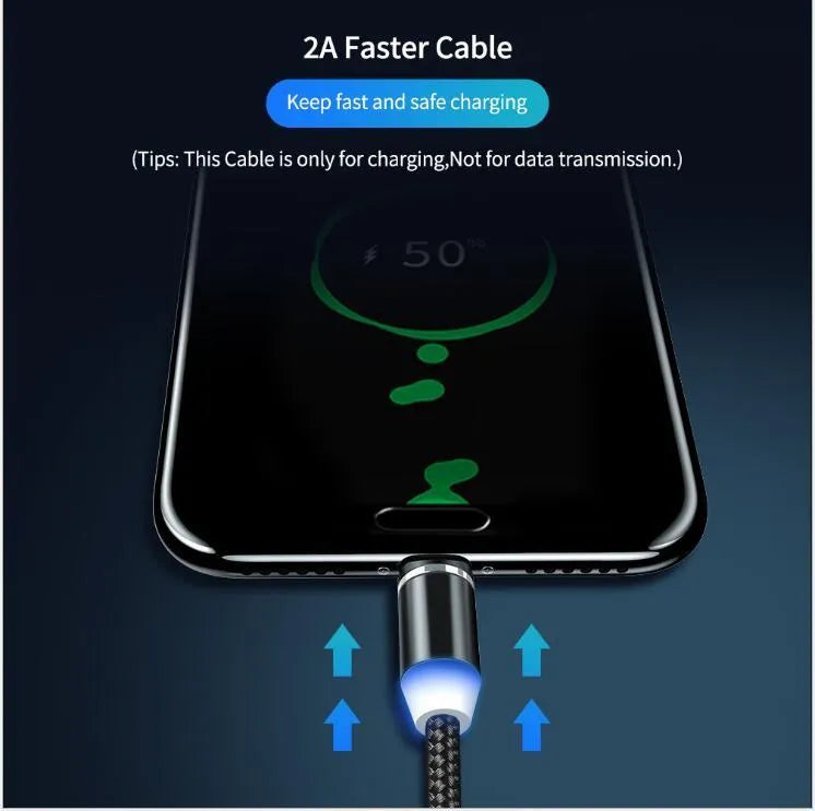 Magnetic LED charging cable with cotton braided sheath and aluminium shell in black colour