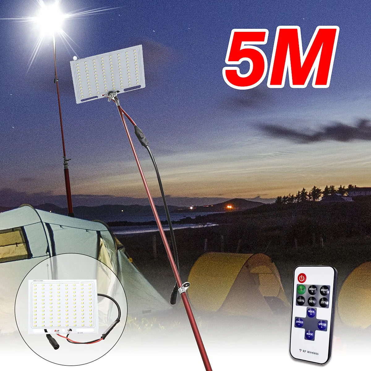 White LED fishing rod light mounted on telescopic pole with remote control for outdoor use