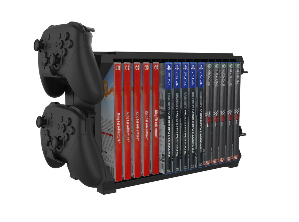 Black PS5 and Xbox Series X disc storage stand with slots for game cartridges and four controller cradles.