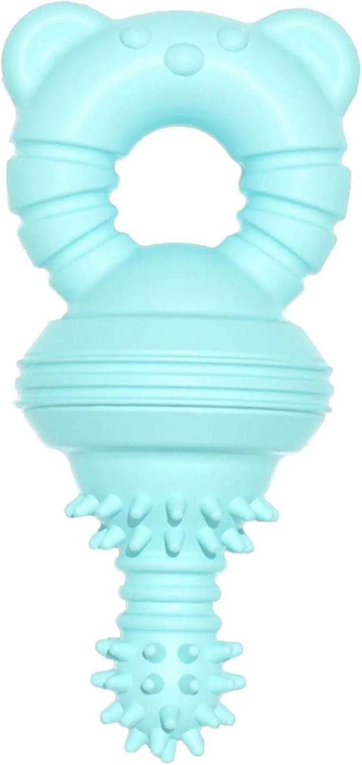 Blue rubber dog chew toy with molar cleaning texture and bell for aggressive chewers