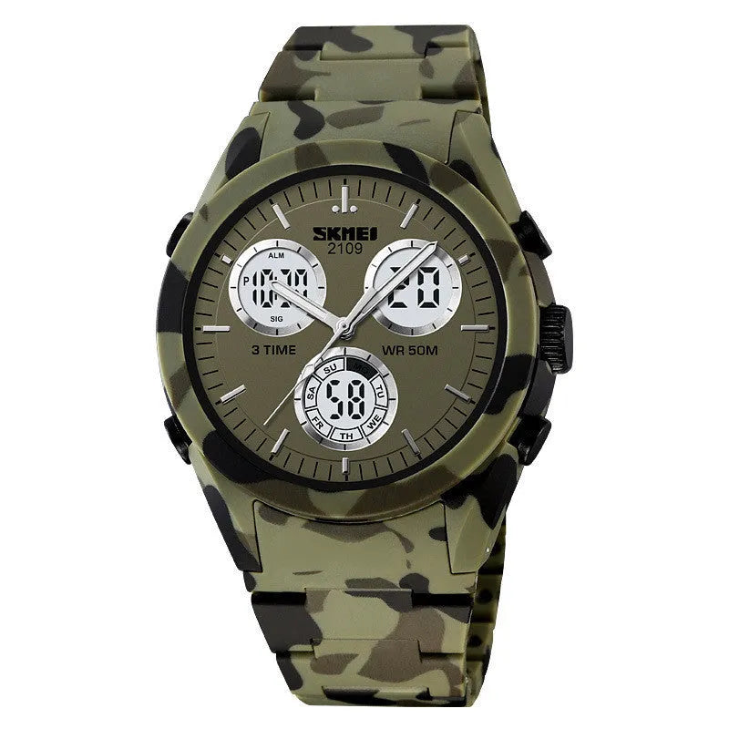 Electronic casual watch with a 50m waterproof rating shown in various colours including camouflage, on a flexible TPU strap.