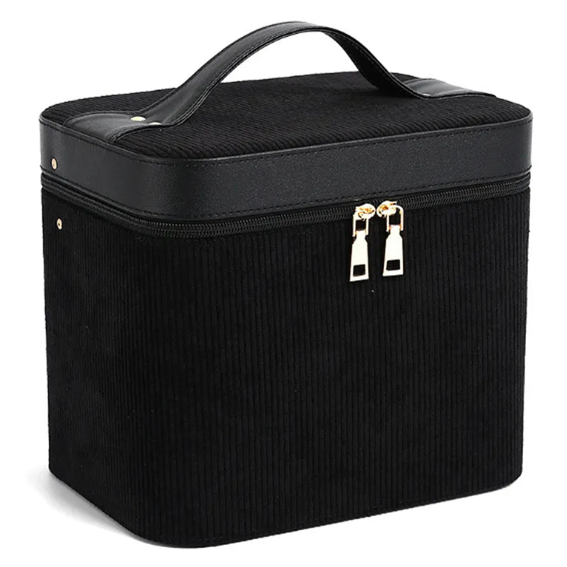 Corduroy cosmetic storage box with handle in assorted solid colours