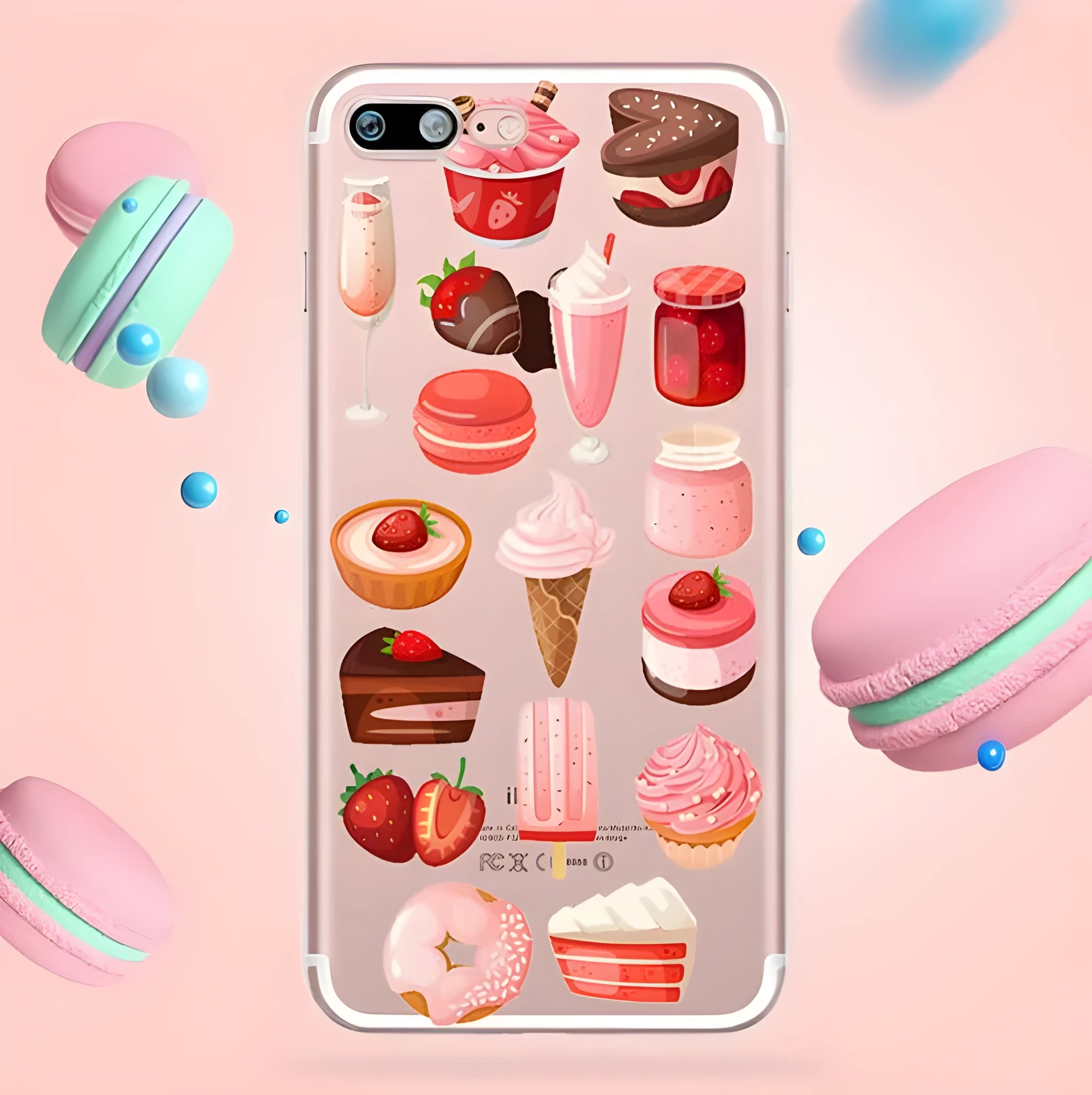 Transparent silicone phone case with ice cream pattern for iPhone, showing back and side view.