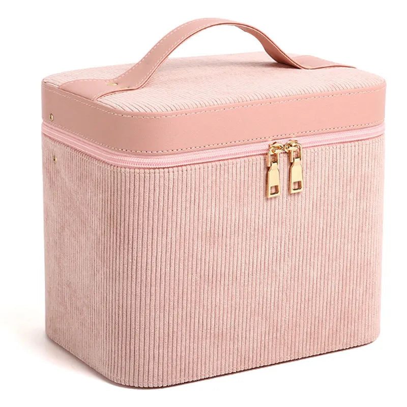 Corduroy cosmetic storage box with handle in assorted solid colours