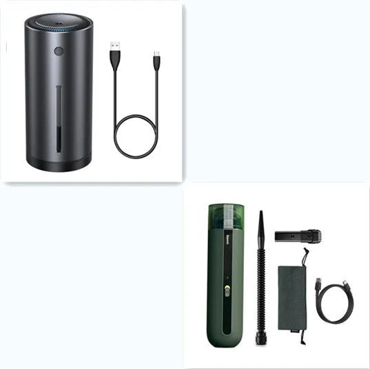 Baseus handheld cordless car vacuum cleaner in black, white, or green with blowing hose attachment.