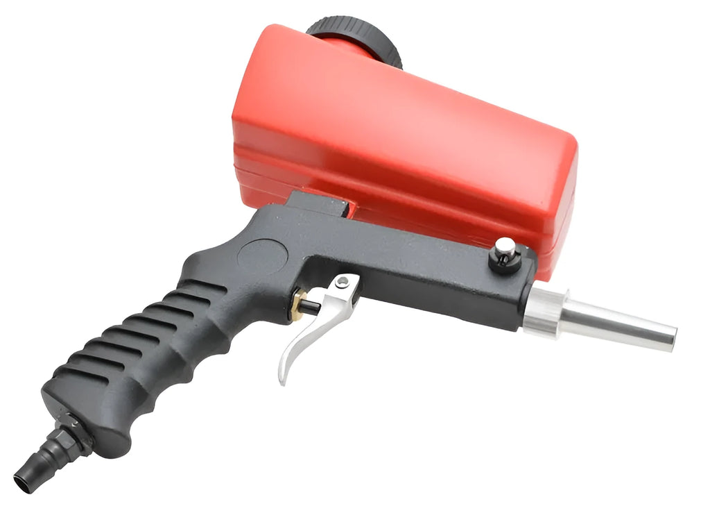 Pneumatic sandblasting gun with a large top-mounted tank, shown in black or blue.