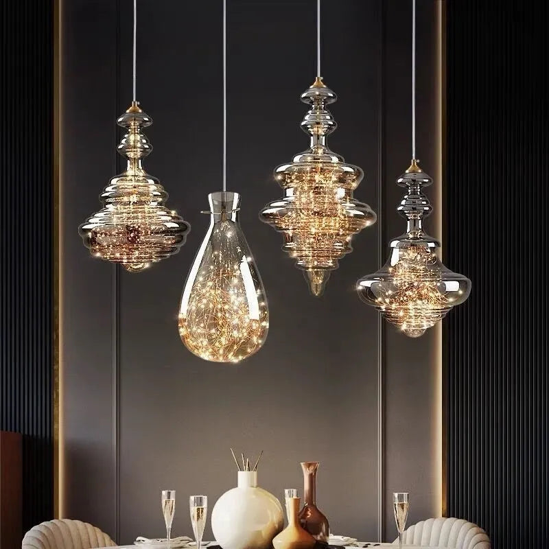 Modern glass chandelier ceiling light with adjustable drop showing remote control