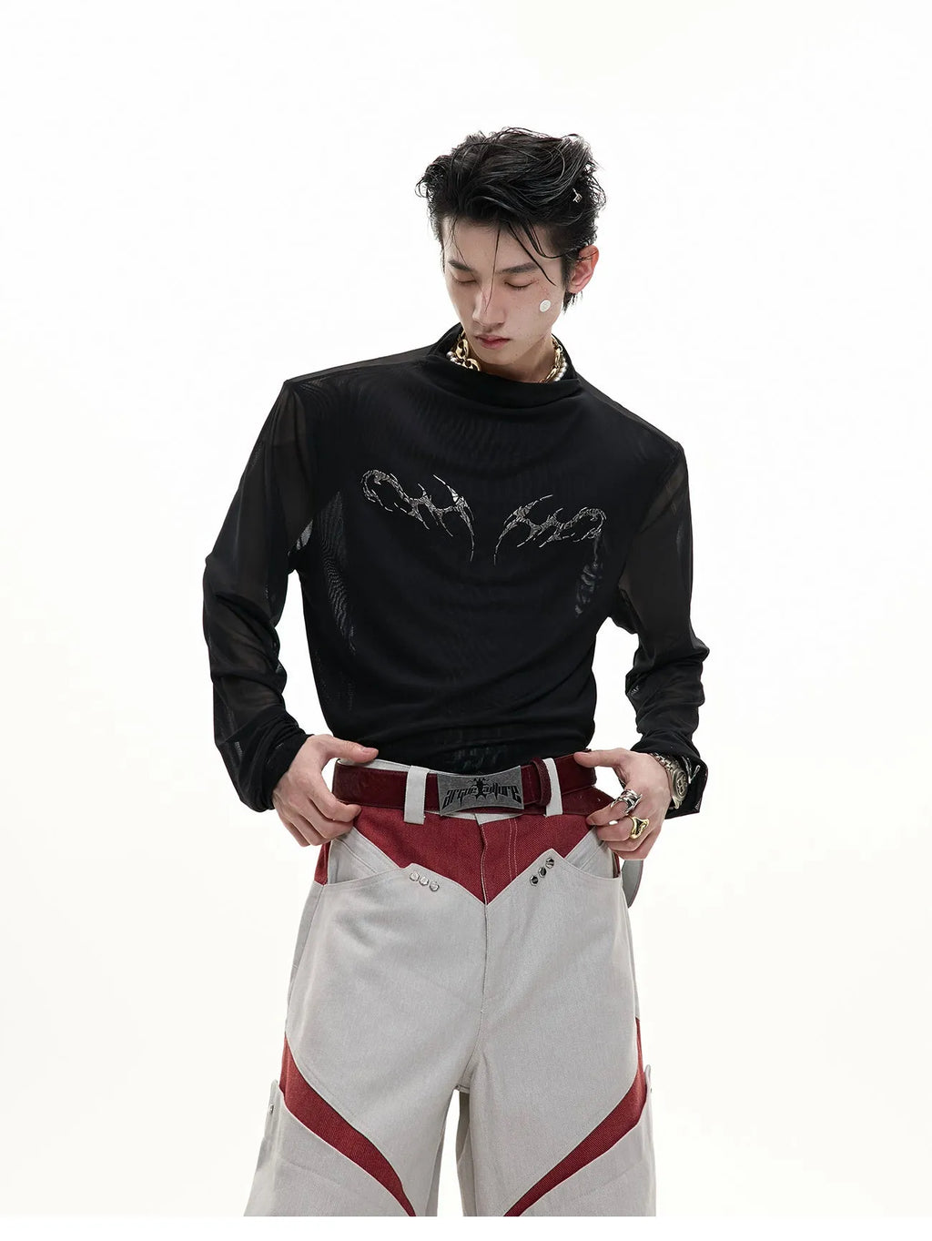 Black and white niche mesh ice-feeling slim bottoming shirt with long sleeves in sizes S to XL