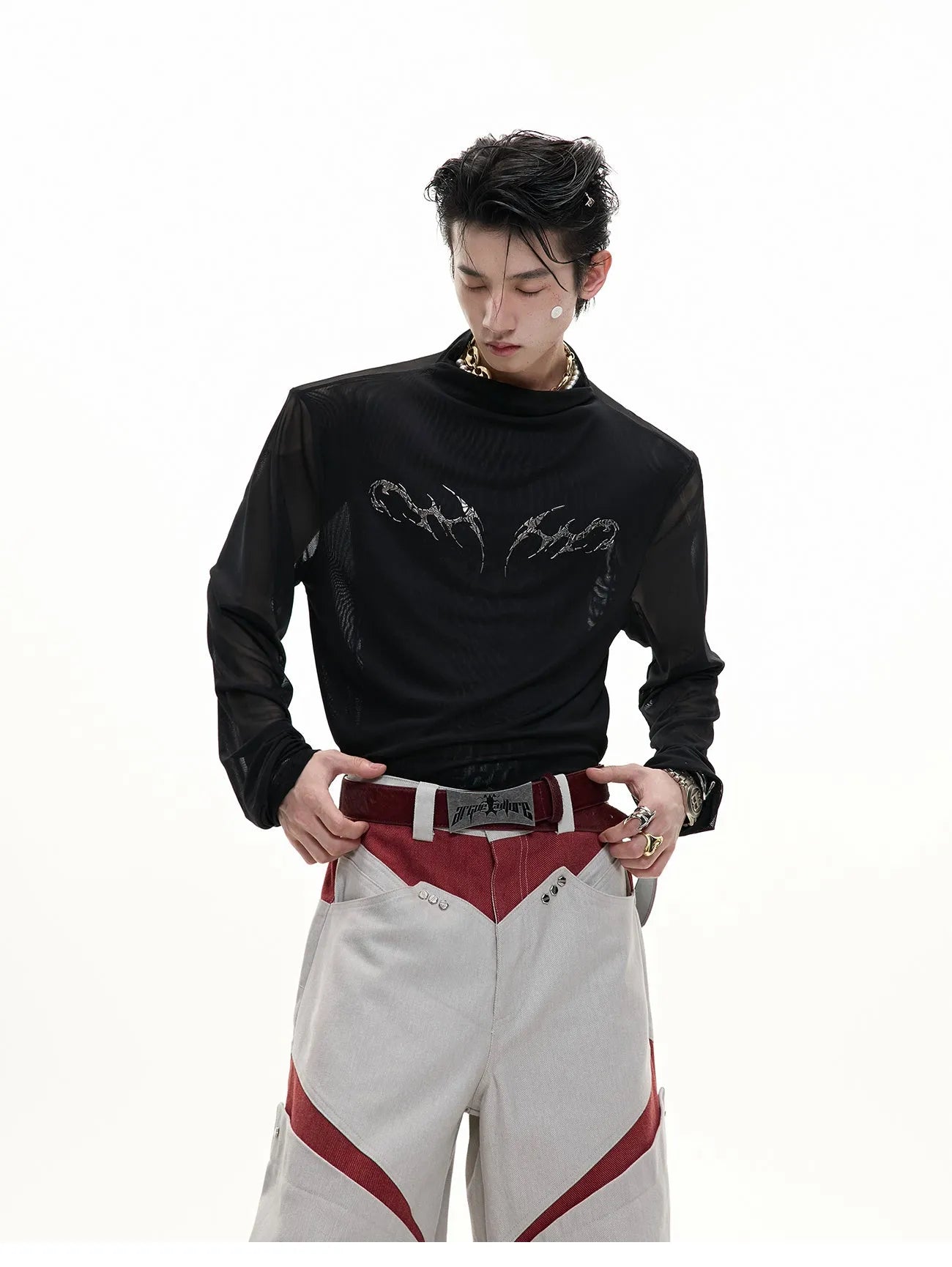 Black and white niche mesh ice-feeling slim bottoming shirt with long sleeves in sizes S to XL
