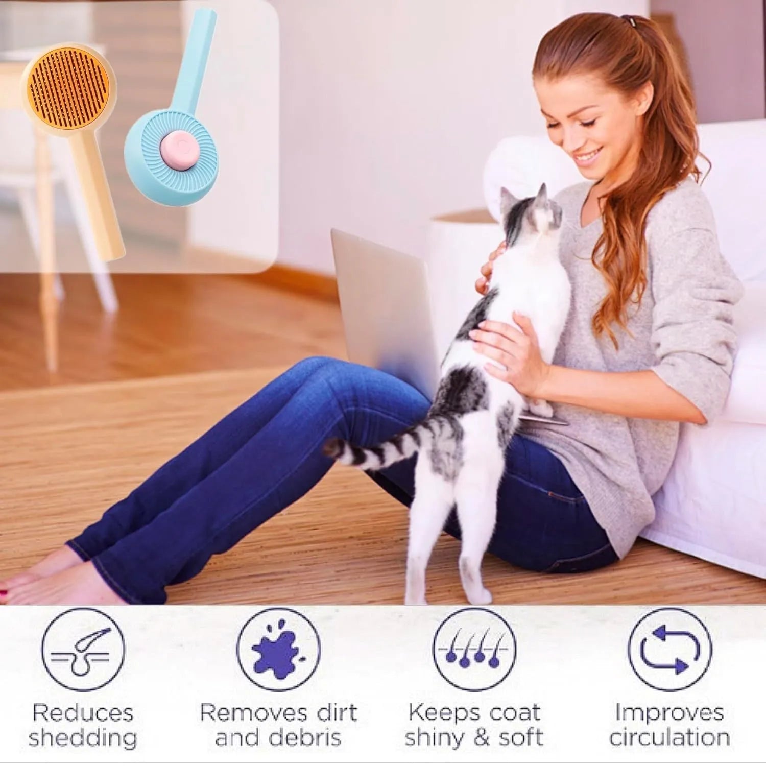 Blue pet grooming brush with metal pins and self-cleaning button for cats and dogs