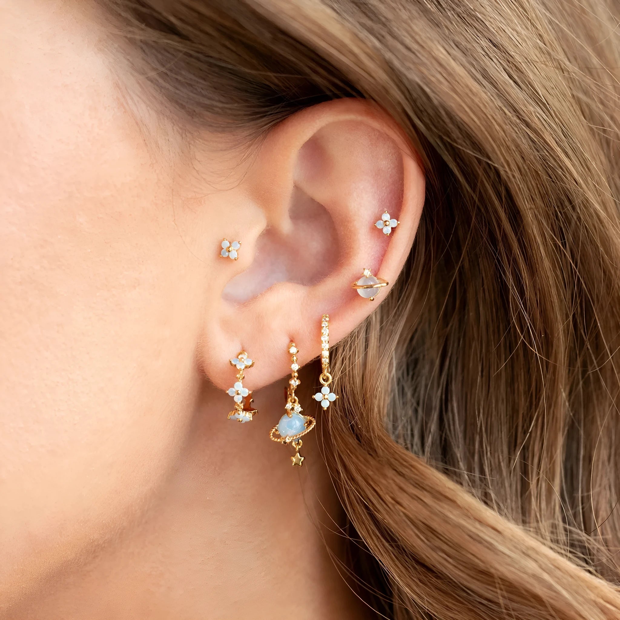 Gold and silver flower stud earrings with zircon mosaic, Japanese Korean sweet style.